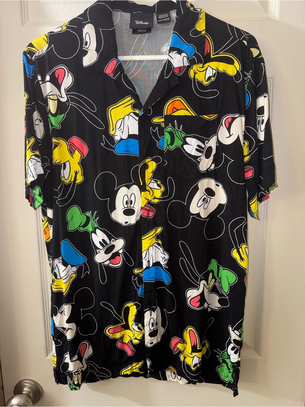 Disney Black Short-Sleeve Button-Up with Colorful Mickey & Friends Faces